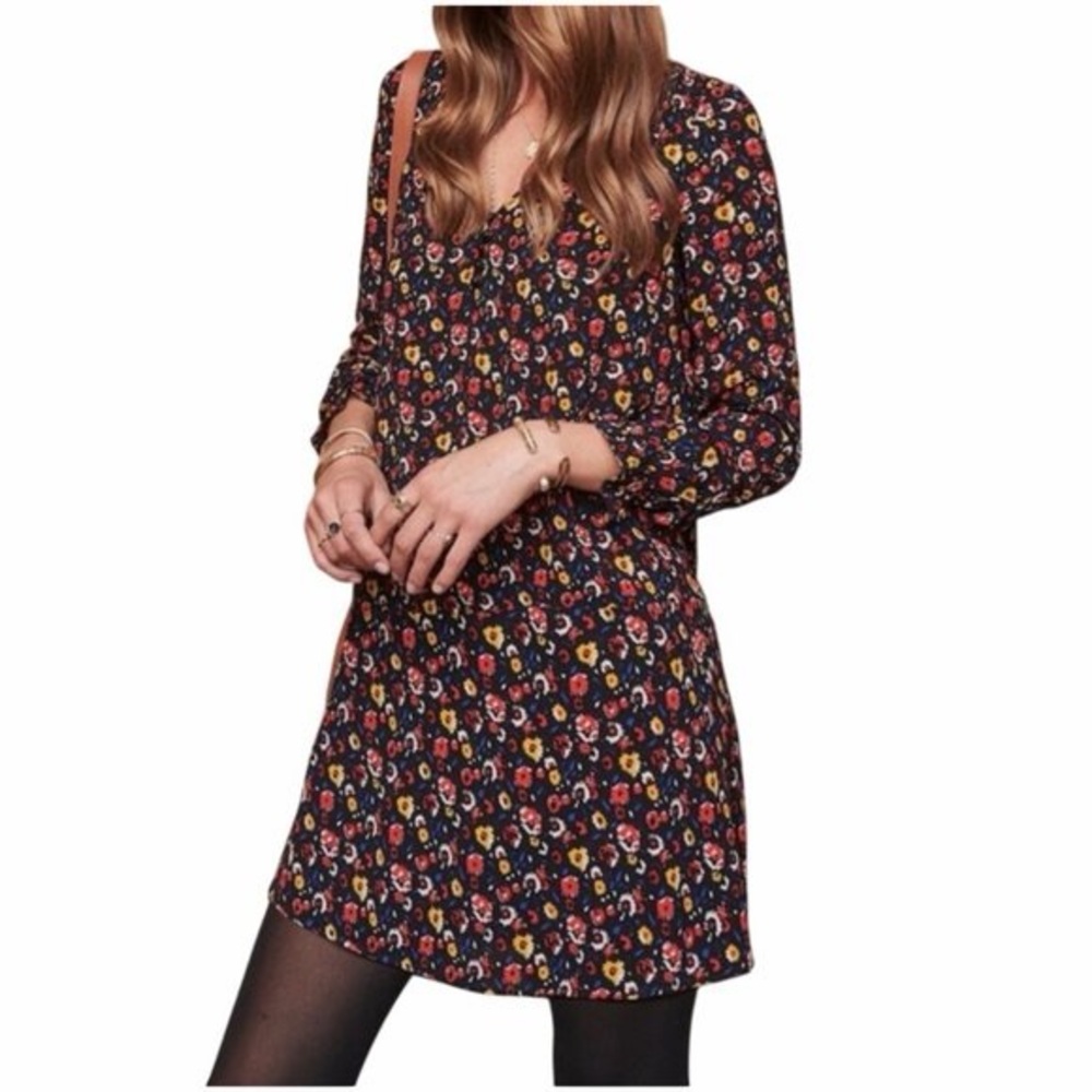 Sezane Navy Multicolor Floral Long Sleeve Dress FR 34 XS